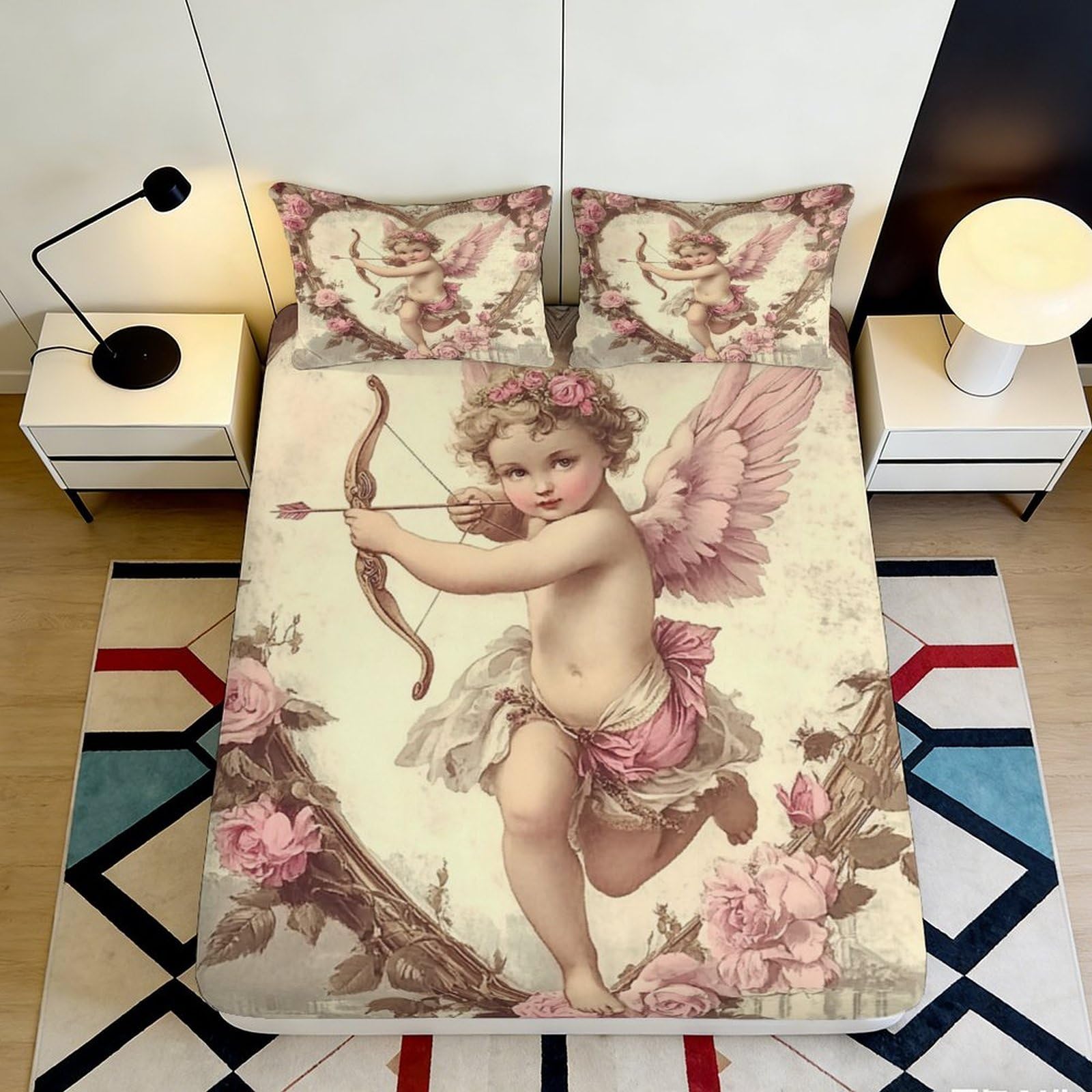 3D Printed Cupid Angel Fitted Sheet Microfiber Soft Floral Bed Cover for Bedroom Dorm Mattress Protection Decor 90x200x25cm