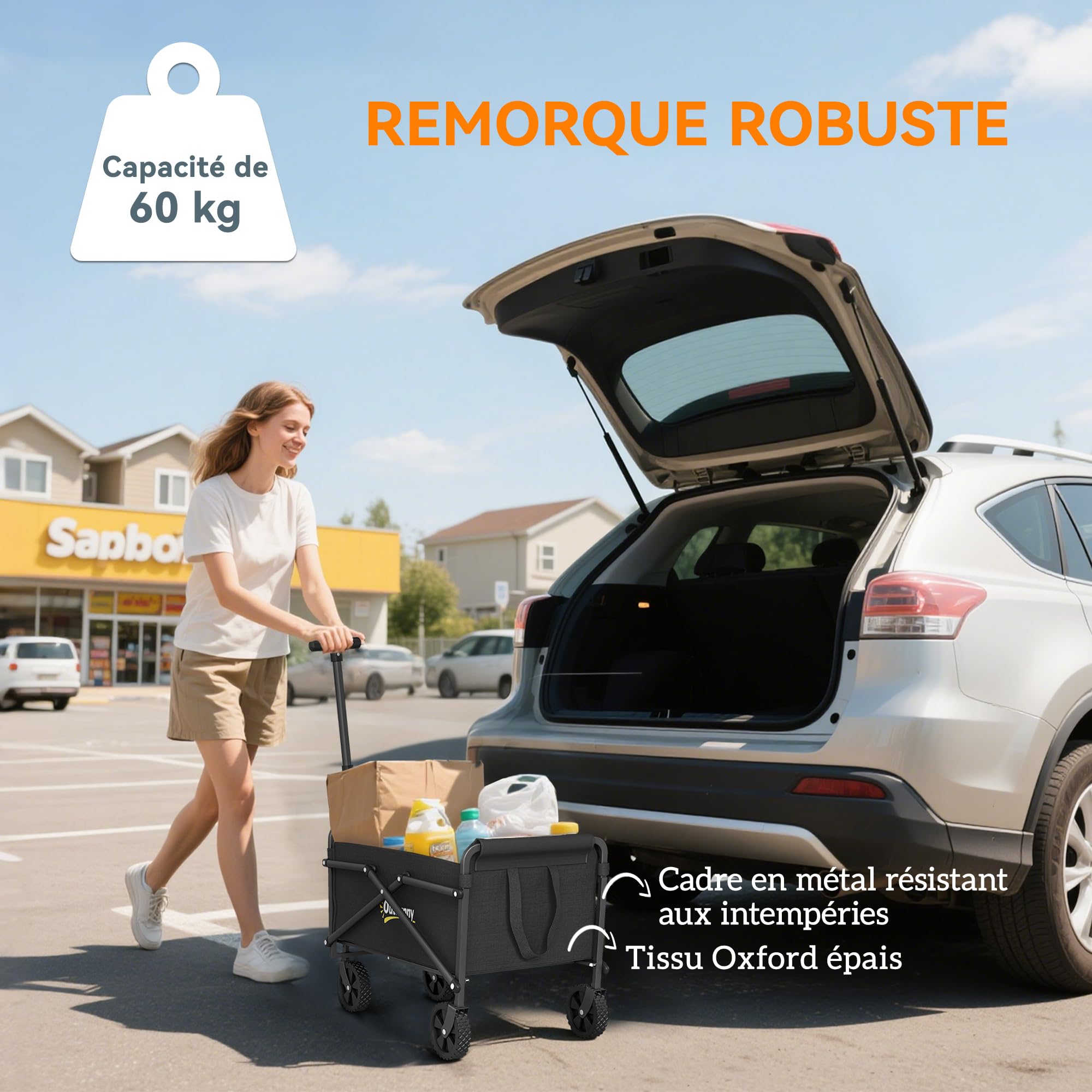 Outsunny Chariot de Transport de Plage Pliable à roulettes 60 kg Noir | Chariot de Jardin, Poignée Télescopique, Remorque avec Sacs de Transport, pour Plage, Camping, Festival