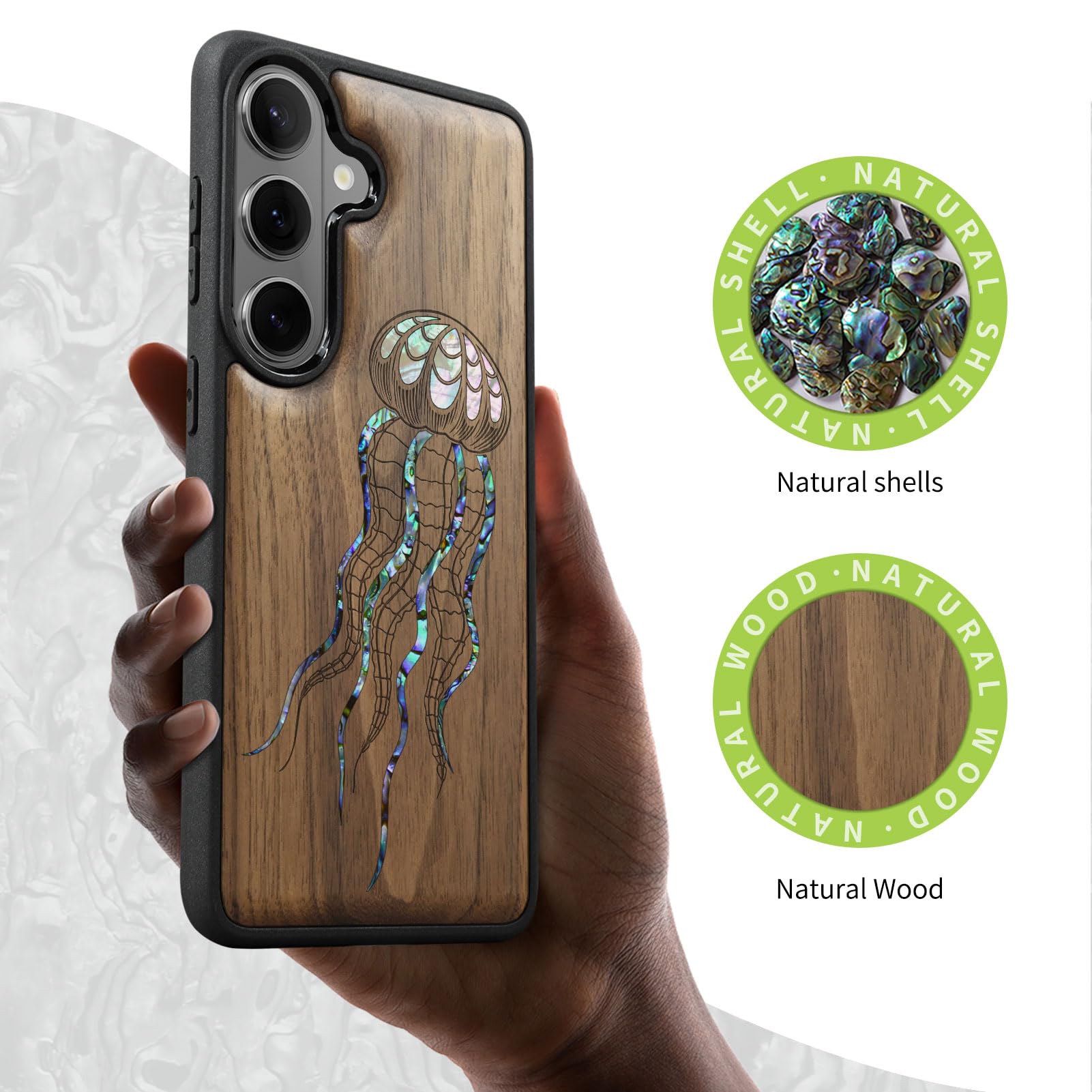 Carveit Drewniane magnetyczne etui na telefon komórkowy Samsung S26 [drewniany grawerunek i wkładka muszli] osłona zderzaka kompatybilna z Galaxy S26 Case (sztuczna meduza z drewna orzechowego)