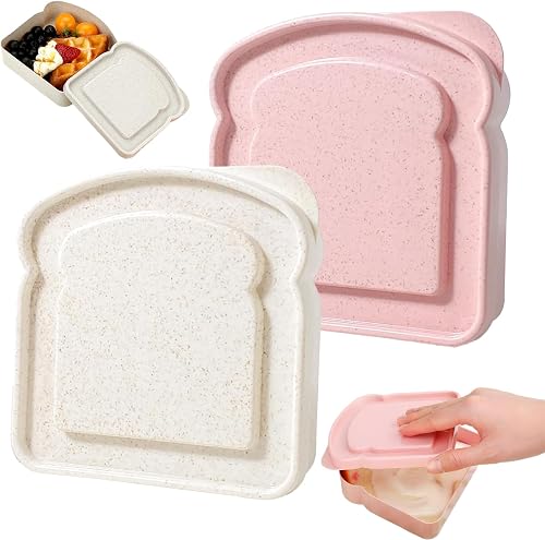 2 Pcs Sandwich Containers,Reusable Plastic Food Storage Sandwich Box With Lid, Bpa Free,Microwave Safe, For Family Adults For Office, Camping(Pink,Beige)