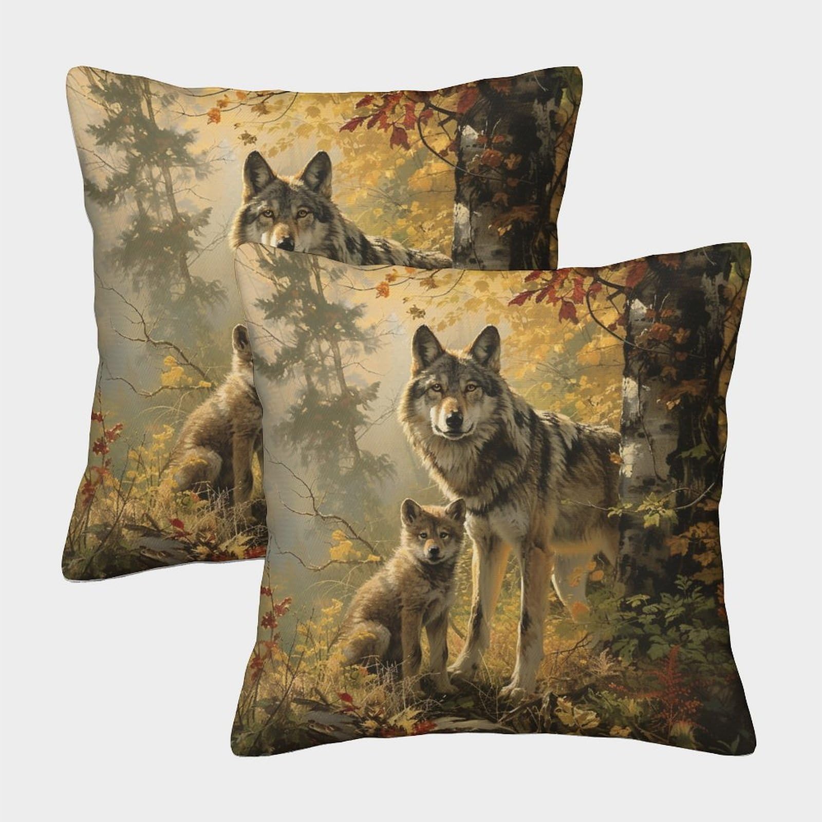 kaiyun 2 Pack 3D Wolf And Cub - Forest Scene Theme Square Cushion Cover Decoration Pillow Cover Suitable for Home Sofa Bedroom Living Room 50x50cm