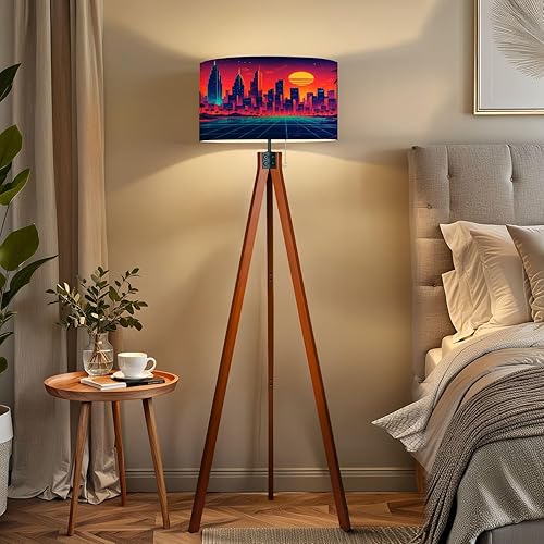 Miniatura 5 de Trípode de madera, lámpara de pie punk, ciudad, UV, reactiva, luz negra, futurista, paisaje urbano japonés, lámpara de pie de mediados de siglo,