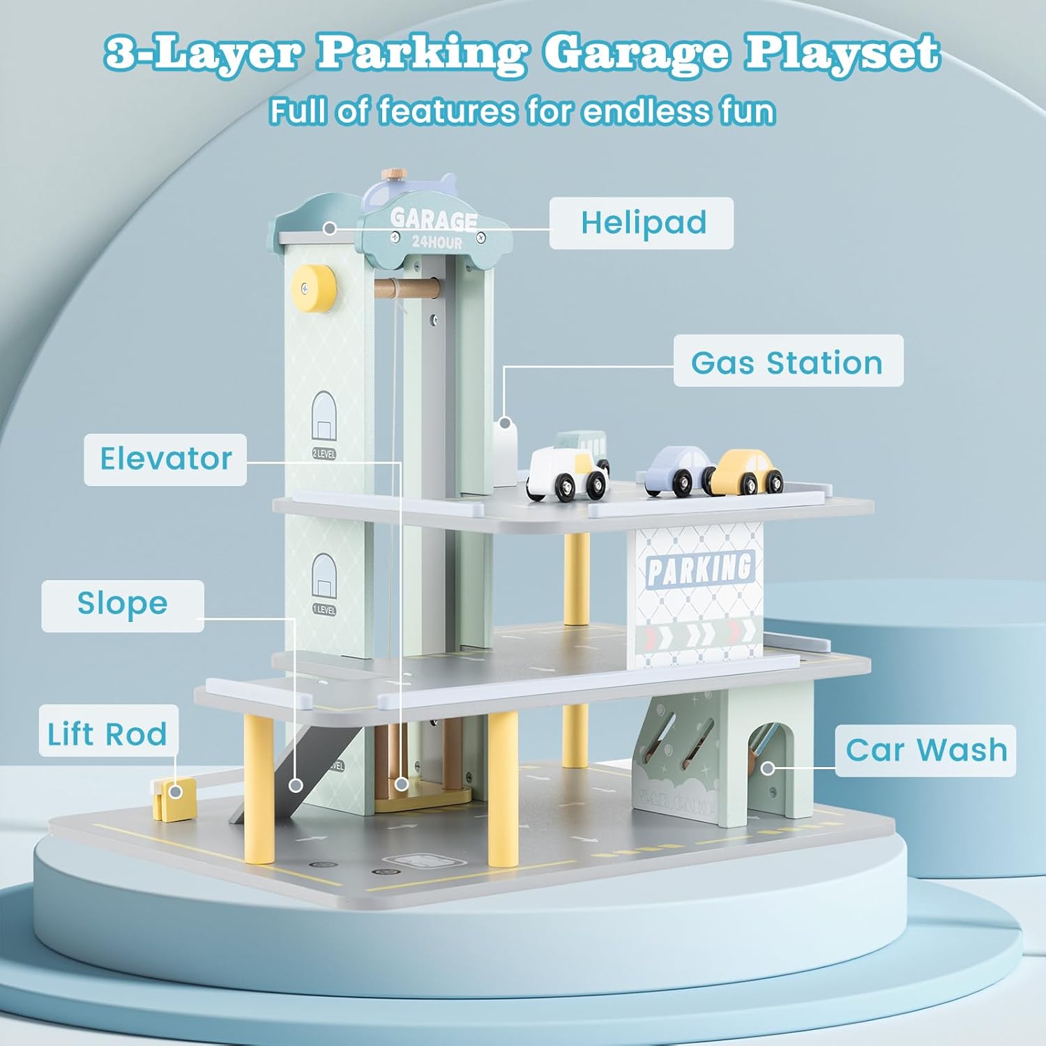 Costzon Wooden Toy Car Garage Playset for Kids, 3-Level Parking Garage w/Elevator, Ramp, 4 Cars & Helicopter, Gas & Charging Station, Pretend Play Gift for Toddlers 3+