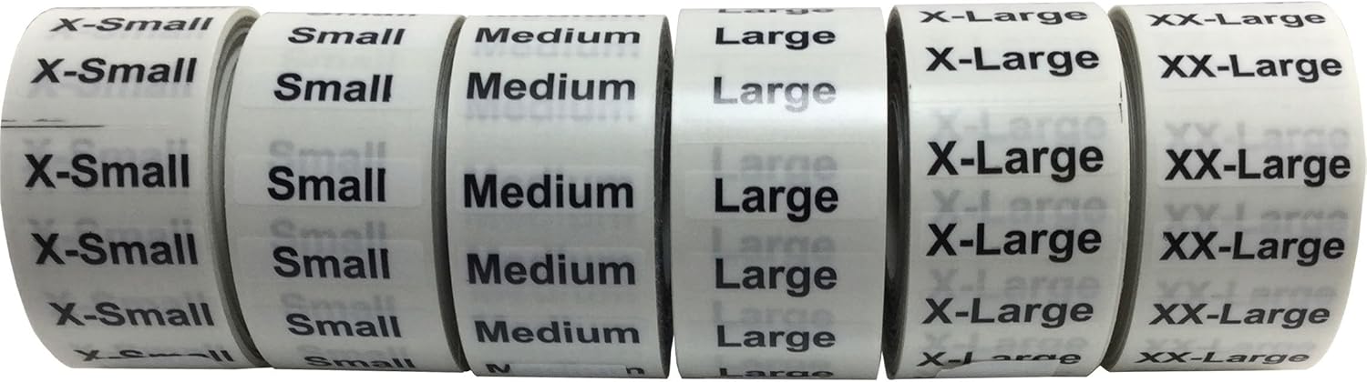 XS-XXL Clothing Labels – Clear Size Strip Stickers with Black Text, 1.25 x 5 Inch Labels, 750 Total Stickers (125 Each Size) for Retail Apparel, Clothing Organization, and Inventory – Made in the USA