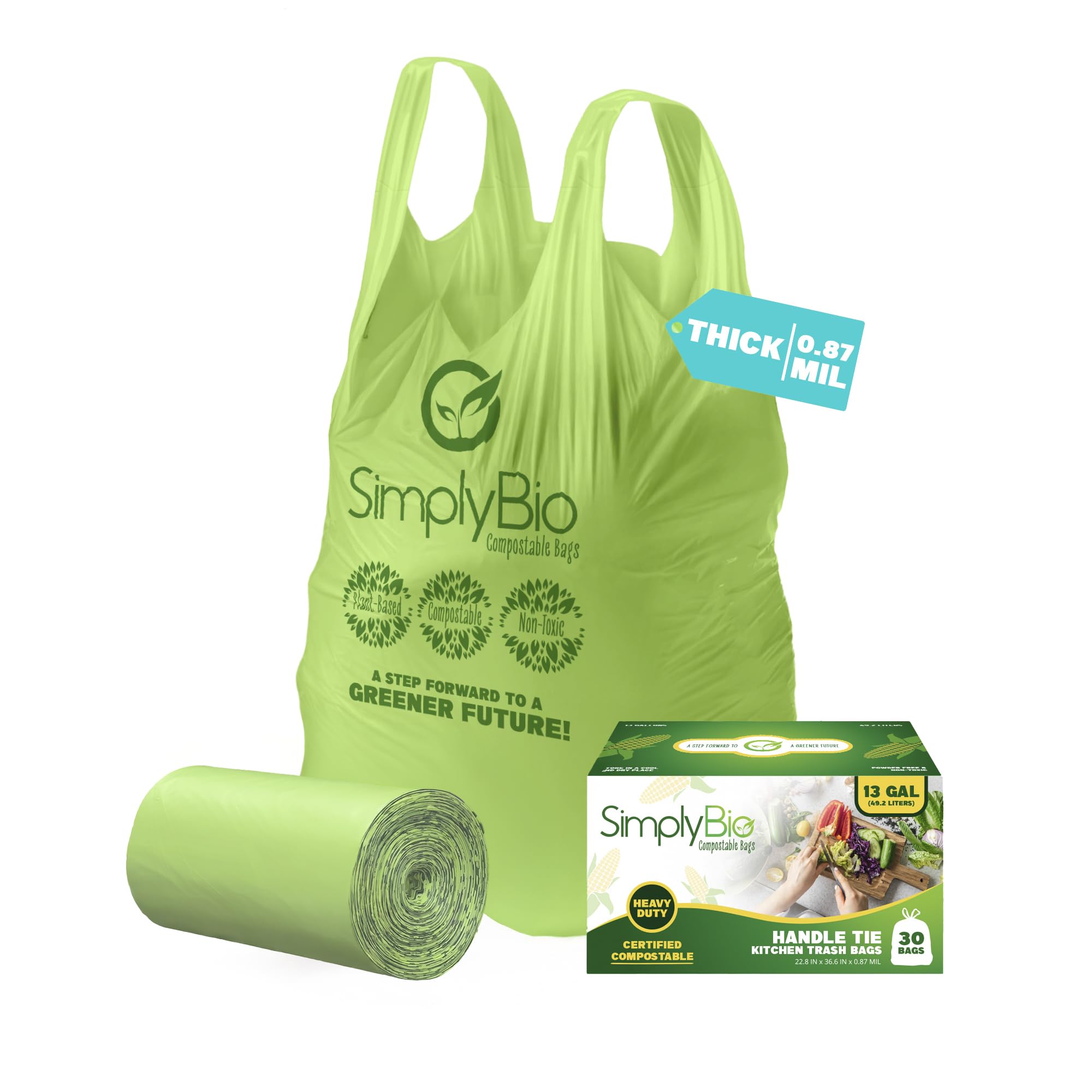 Simply Bio 13 Gallon Compostable Trash Bags Liners with Handle-Tie, Thick 0.87 Mil, 49.21 Liter, 30 Bags, Tall Kitchen Food Scrap Waste Bag, ASTM D6400, US BPI and OK Compost Home Certified