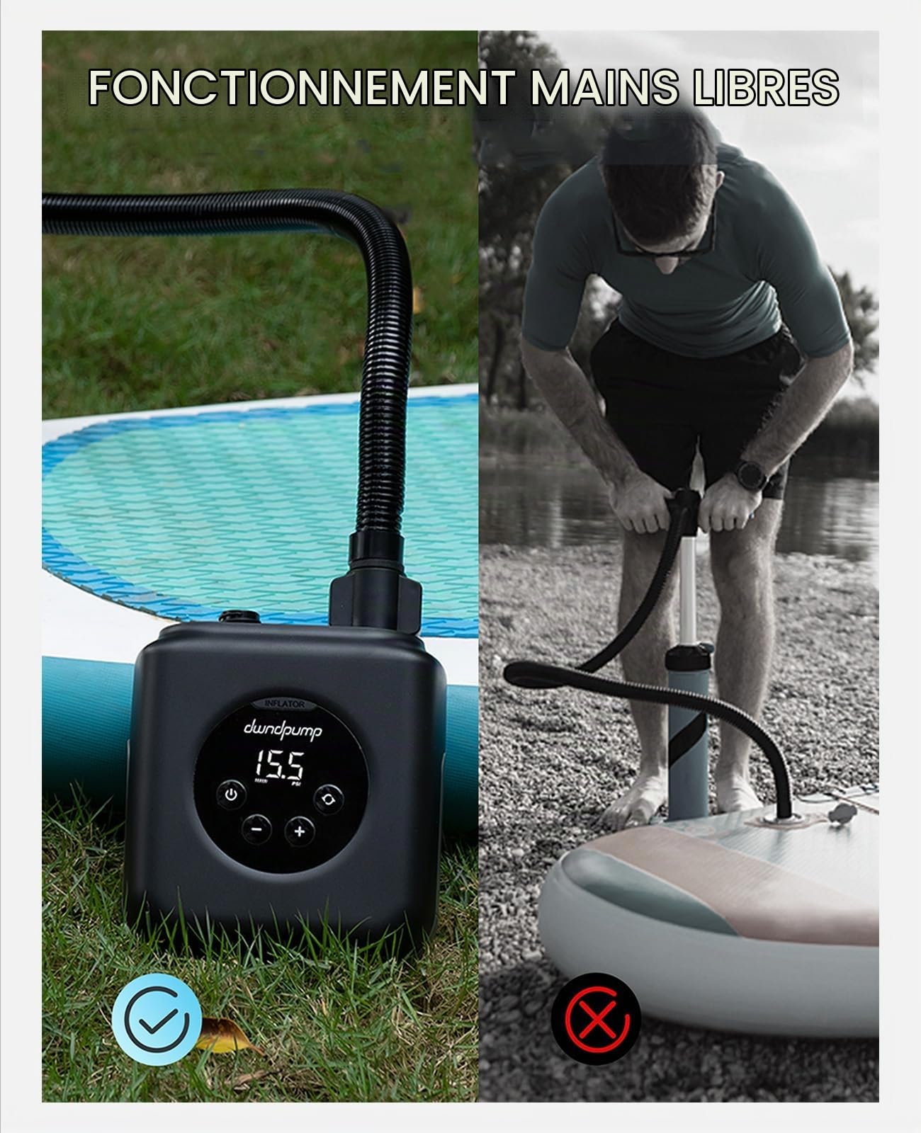 Pompe Sup Rechargeable 20PSI, air sans Fil 4000 mAh -12V connecteur Voiture, compresseur Double étage de gonflage/dégonflage, Pompe à Kayak