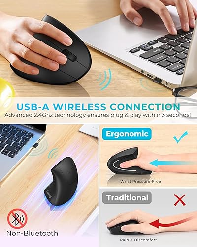 Miniatura 3 de Lekvey Ratón ergonómico, ratón inalámbrico vertical Ratones ópticos recargables de túnel carpiano con receptor USB 2.4G, 100012001600 DPI, 6