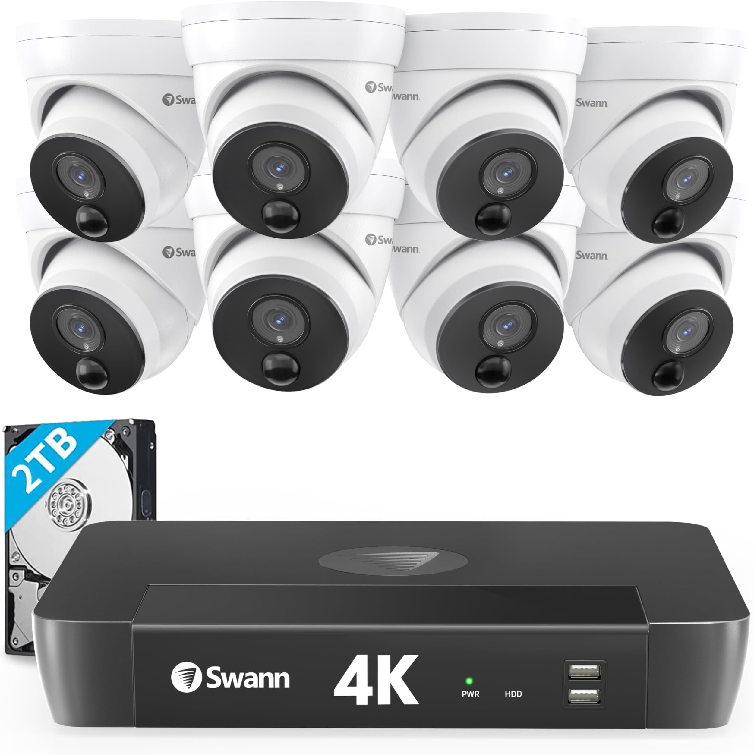 Swann Home NVR Dome Security Camera System with 2TB HDD, 8 Cam 8 Channel, 4K HD, PoE, Indoor & Outdoor Wired Surveillance Security Cameras, Color Night Vision, Heat Motion Detection, LED Light