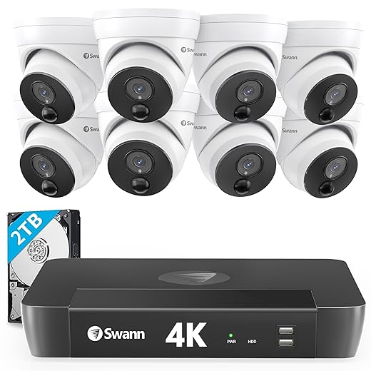 Swann Home NVR Dome Security Camera System with 2TB HDD, 8 Cam 8 Channel, 4K HD, PoE, Indoor & Outdoor Wired Surveillance Security Cameras, Night Vision, Heat Motion Detection