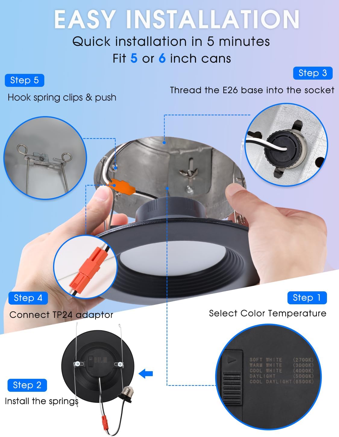 12 Pack 5/6 Inch 5CCT Black LED Recessed Lighting Retrofit, 2700K/3000K/4000K/5000K/6500K Selectable, Dimmable Can Lights with Baffle Trim, 12W=150W, High Brightness 1000LM, Wet Rated, ETL Certified - Image 7