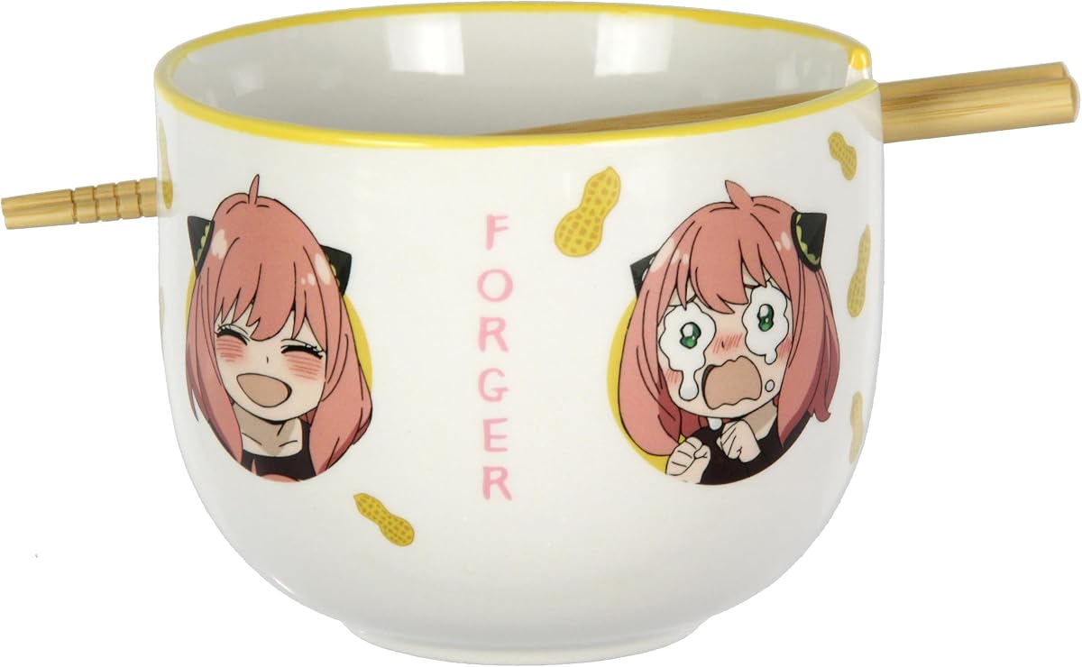 JUST FUNKY Spy x Family Anime Manga Muchas caras de Anya Ramen Bowl Bundle con tazón de sopa, juego de palillos de bambú