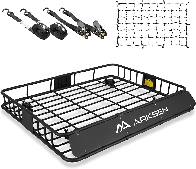 Cesta para portaequipajes de techo extra ancha de 43" x 50" x 6" con red y correas de trinquete | 150 libras, portaequipajes universal resistente para SUV, camión y automóvil, construcción de acero