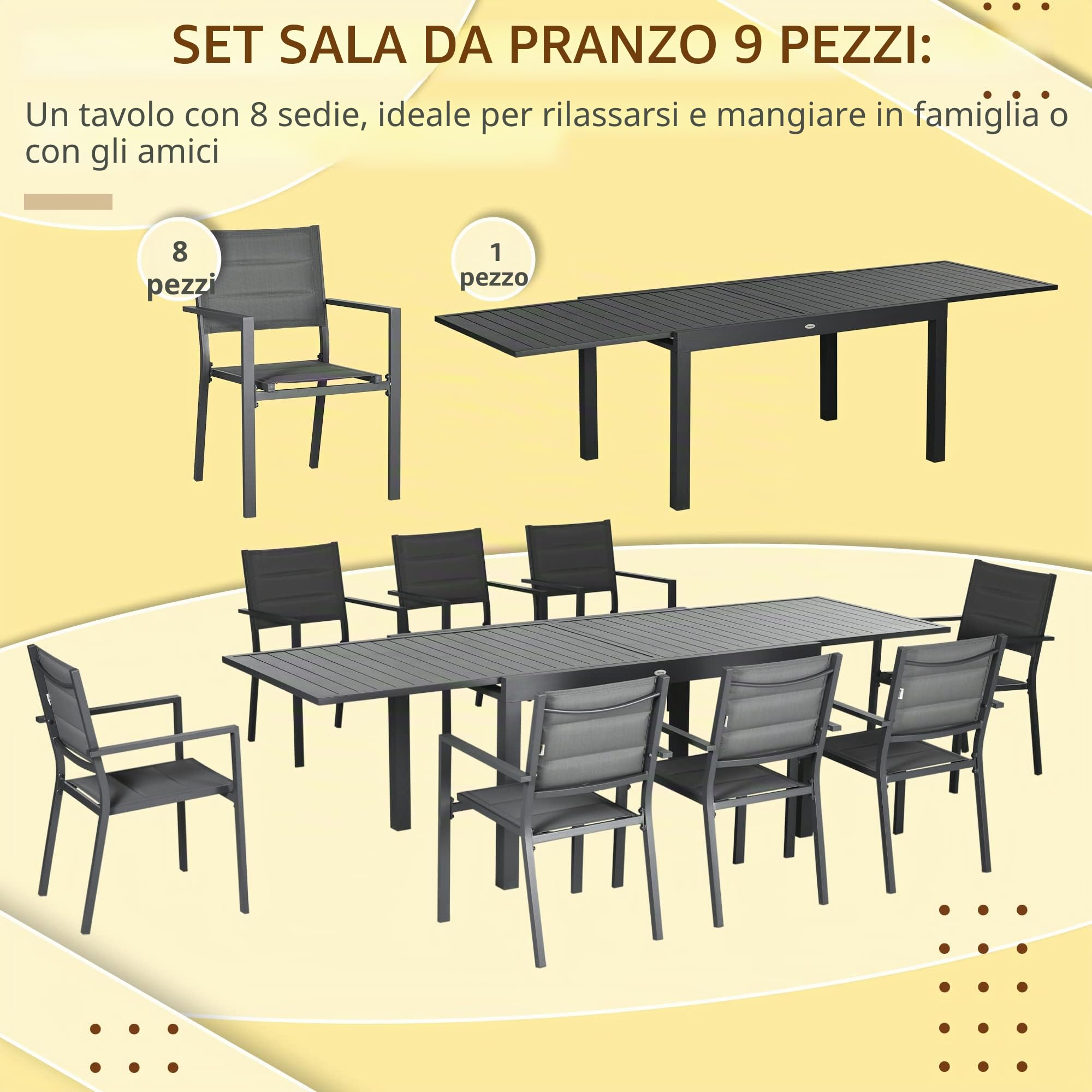 Outsunny Tavolo da giardino allungabile 135-270 cm per 6-8 persone in alluminio e textilene - 8 sedie impilabili - grigio