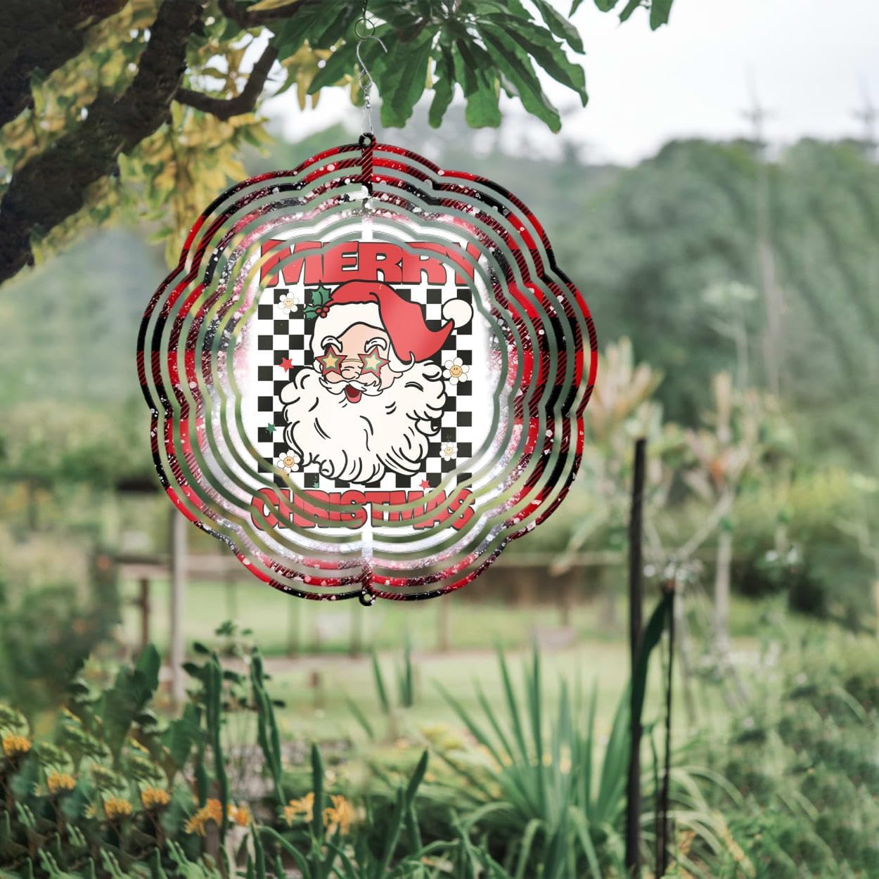 Santa Claus Checkered Christmas Wind Spinners 3D Stainless Steel Laser Cut Metal Double Sided Printing-Hanging Indoor/Outdoor Decorations Yard Gardening Decor,Metal Kinetic Art 16x16 inches