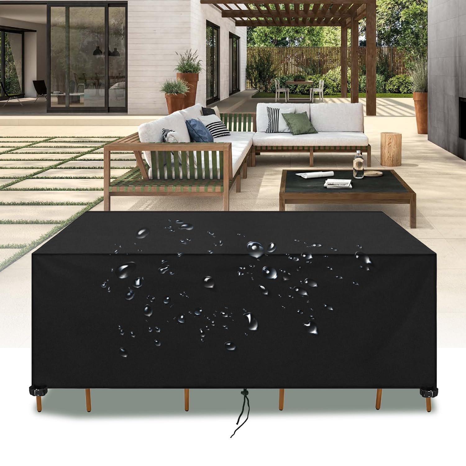 Funda impermeable para mesa de jardín 240x120x100cm(LxWxH) Negro Cubierta para muebles exterior, resistente a los rayos UV y al viento, lona protectora tejido Oxford 420D para sillas y mobiliario