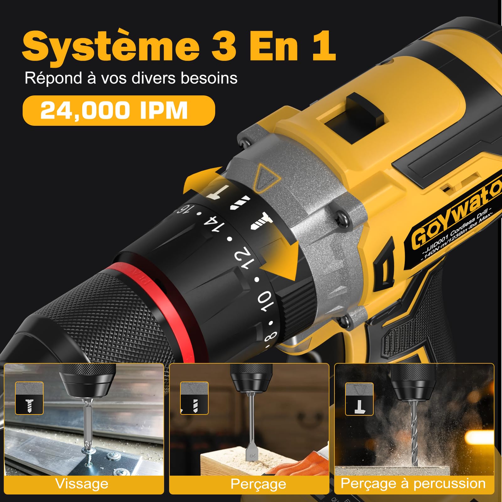 Perceuse Visseuse Sans Fil 21V - 140Nm 2300rpm Max Brushless Visseuse Devisseuse Sans Fil Perceuse à Percussion avec 2 Batteries 4,0Ah, 20+3 Réglages de Couple, Mandrin 13mm, 2 Vitesses pour Bricolage