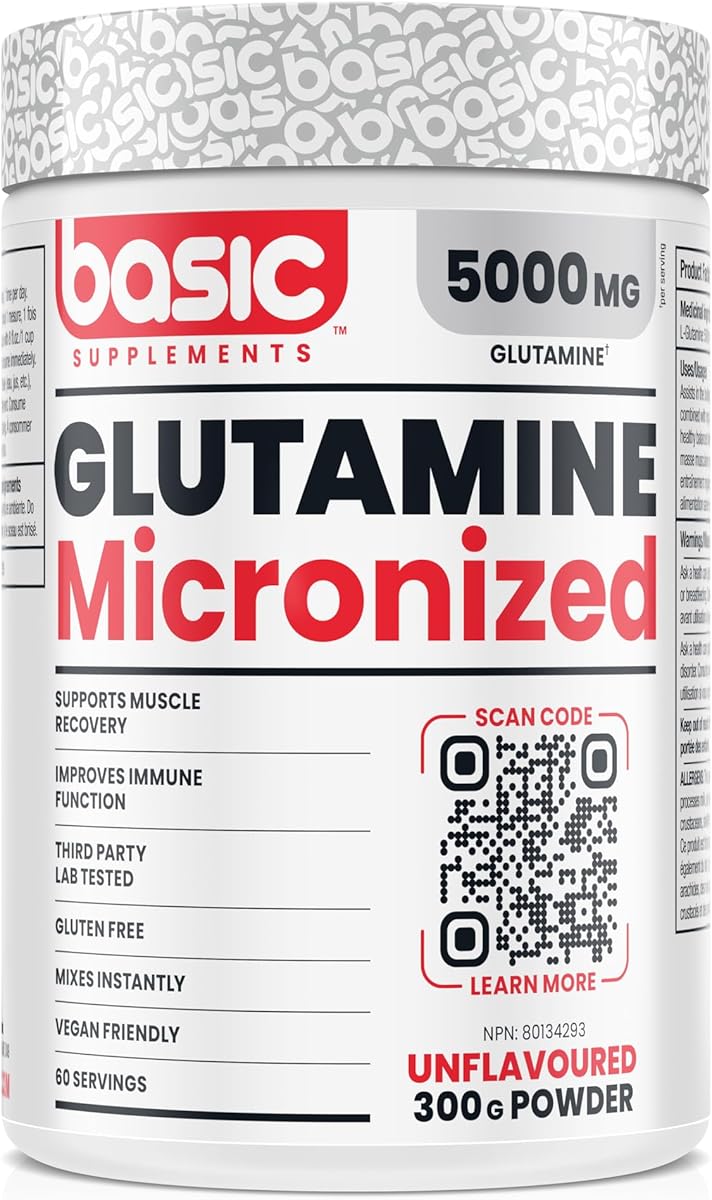 BASIC SUPPLEMENTS Basic Glutamine Powder, 5000mg L-Glutamine for Muscle Recovery, Immune Support, Protein Synthesis, Vegan, Gluten-Free