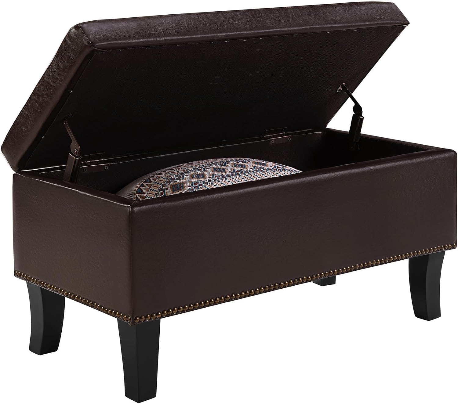 Pemberly Row Storage Ottoman, Faux Leather and Wood, Espresso Finish, Hinged Lid with Nail Head Trim, 18" H x 16" W x 32" D, Comfortable Bench and Decorative Accent Piece for Living Room