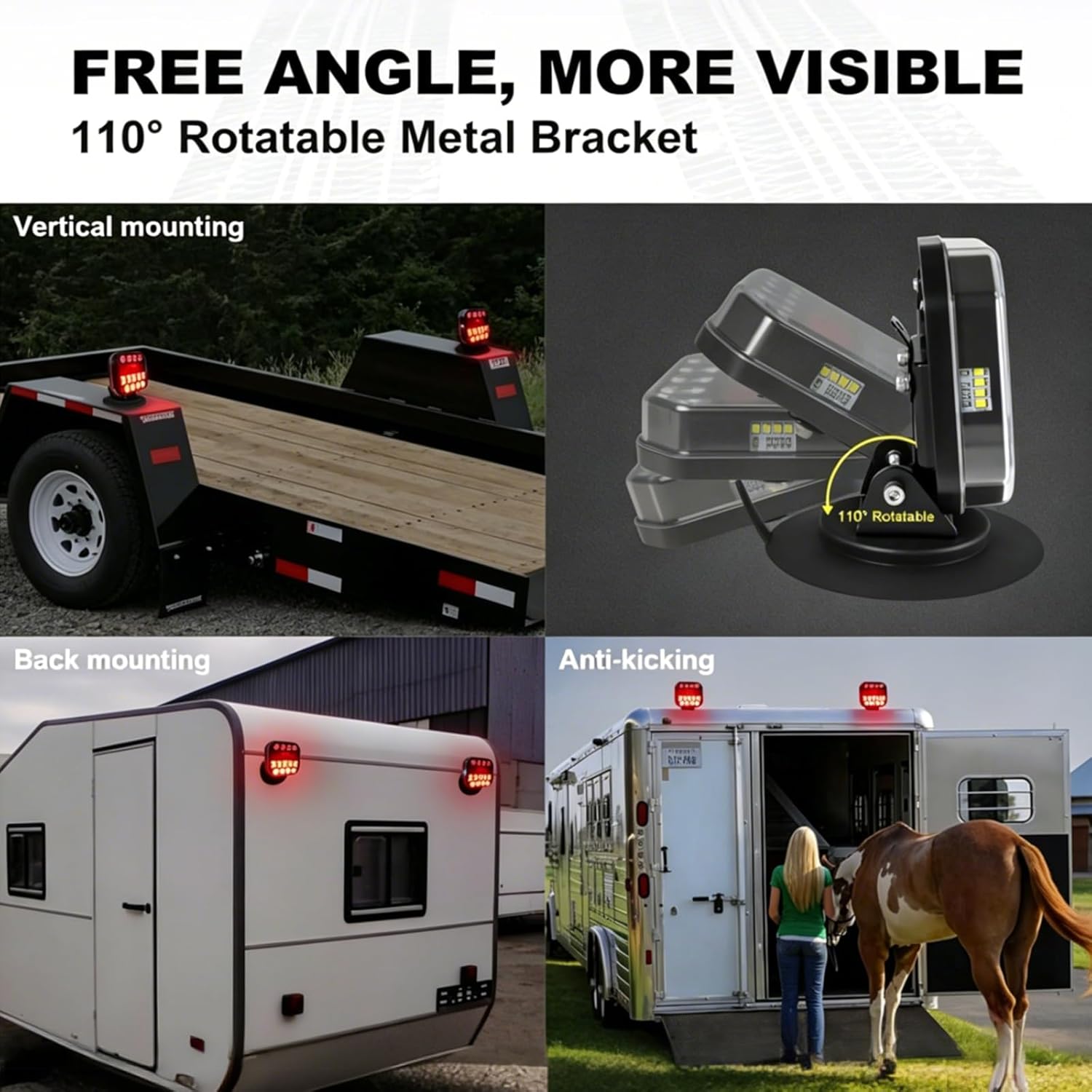 Wireless Trailer Lights Kit with 110° Adjustable Bracket, Magnetic LED Tow Lights, USB-C Rechargeable Tail Lights for Truck Boat RV Camper – Turn Signal Brake Reverse Stop, IP67 Waterproof