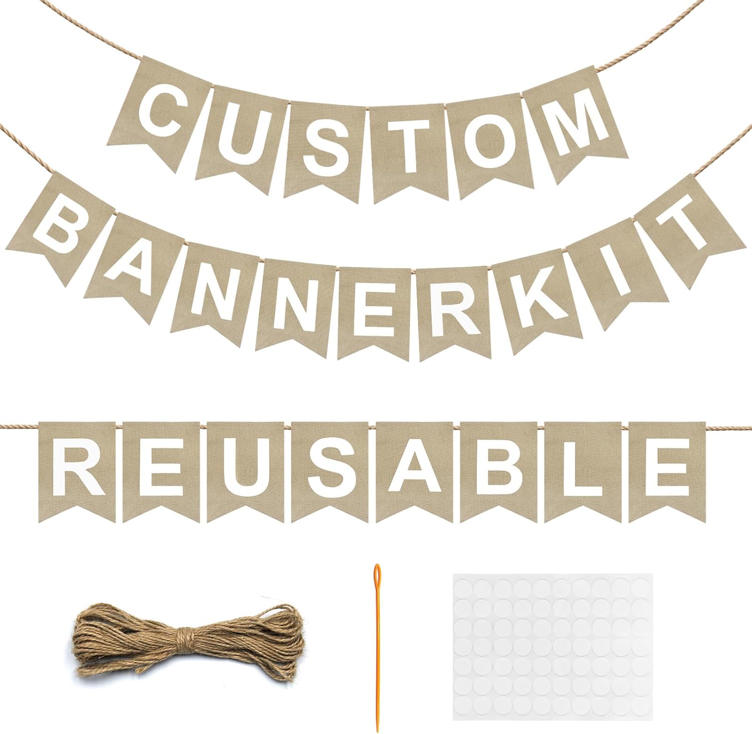 Reusable DIY Custom Banner Kit, 28 Burlap Flags, 87 Cardstock Letters/Numbers, 210 Double-Sided Adhesive Dots, Personalized Party Banner for Birthday, Baby Shower, Wedding, Graduation