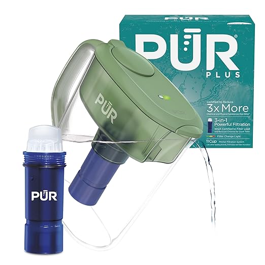 PUR Plus 11-Cup Water Pitcher, 1 Lead-Reducing Filter, Cleaner, Great-Tasting Water, Dishwasher Safe, Powerful Filtration, Filter Change Light Indicator, LockFit Cap Design - Sage