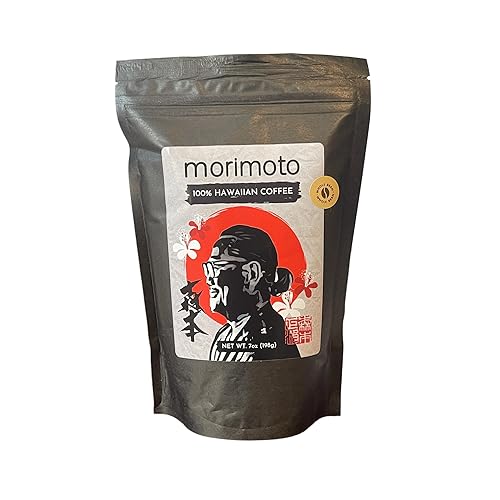 MORIMOTO Café 100% hawaiano en grano entero, bolsa de 7 onzas, tostado medio oscuro, 100% granos hawaianos cultivados en suelo volcánico rico y