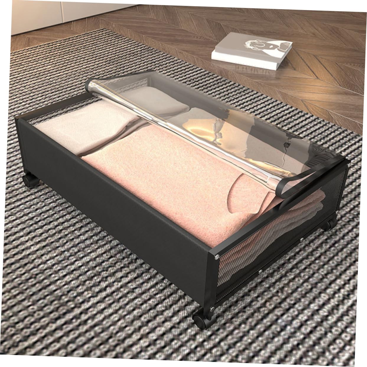 PRETYZOOM Cesta de Almacenamiento Debajo Cama Negro Tapa Transparente Organizador para Guardar Ropa Zapatos y Libros Dormitorio