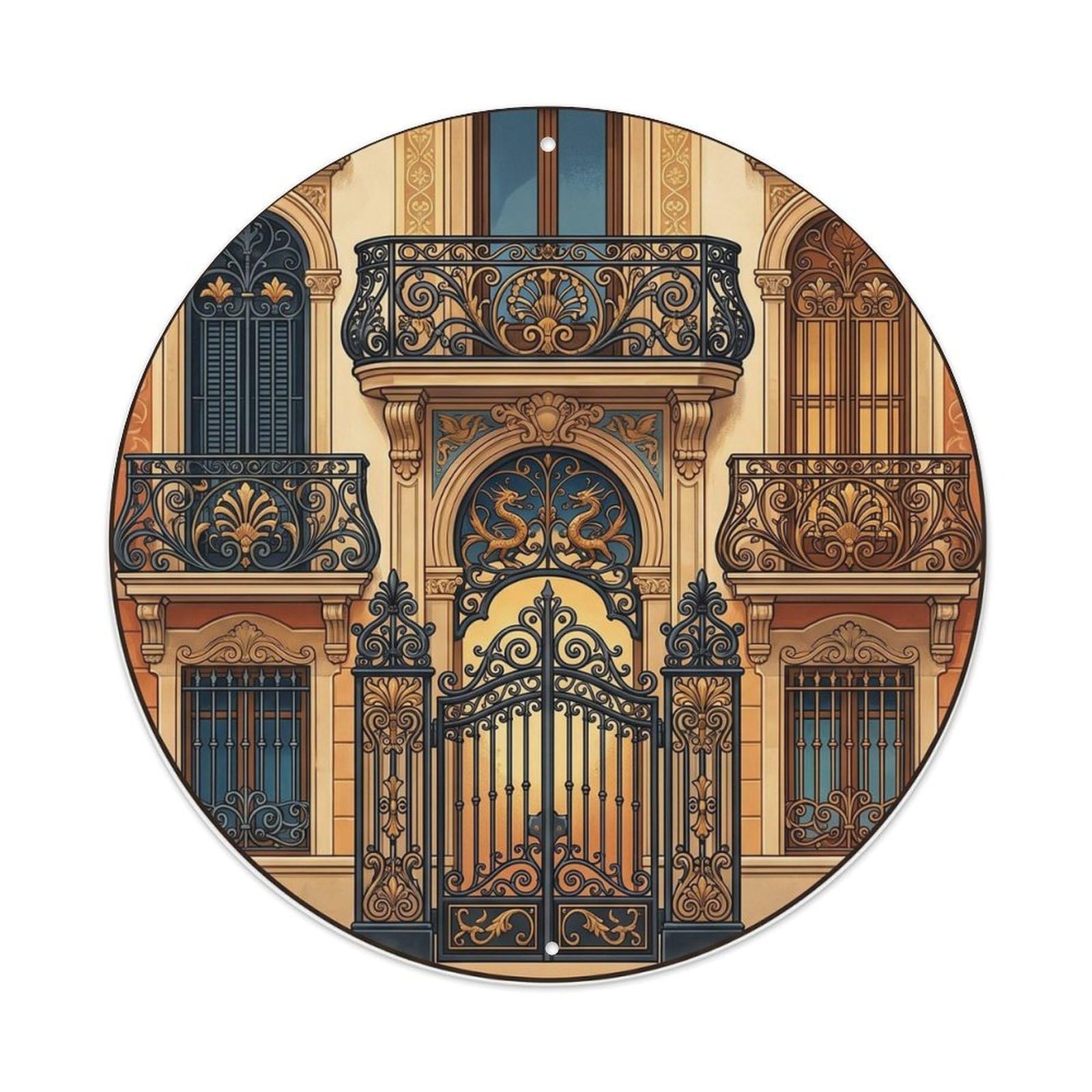 Retro Barcelona Catalan Ironwork Detail Landmark Cityscape Metal Tin Sign Plaque Wall Decor for Cafe, Man Cave, Club Bar, Office, Home Garden Round Metal Poster 8x8Inch