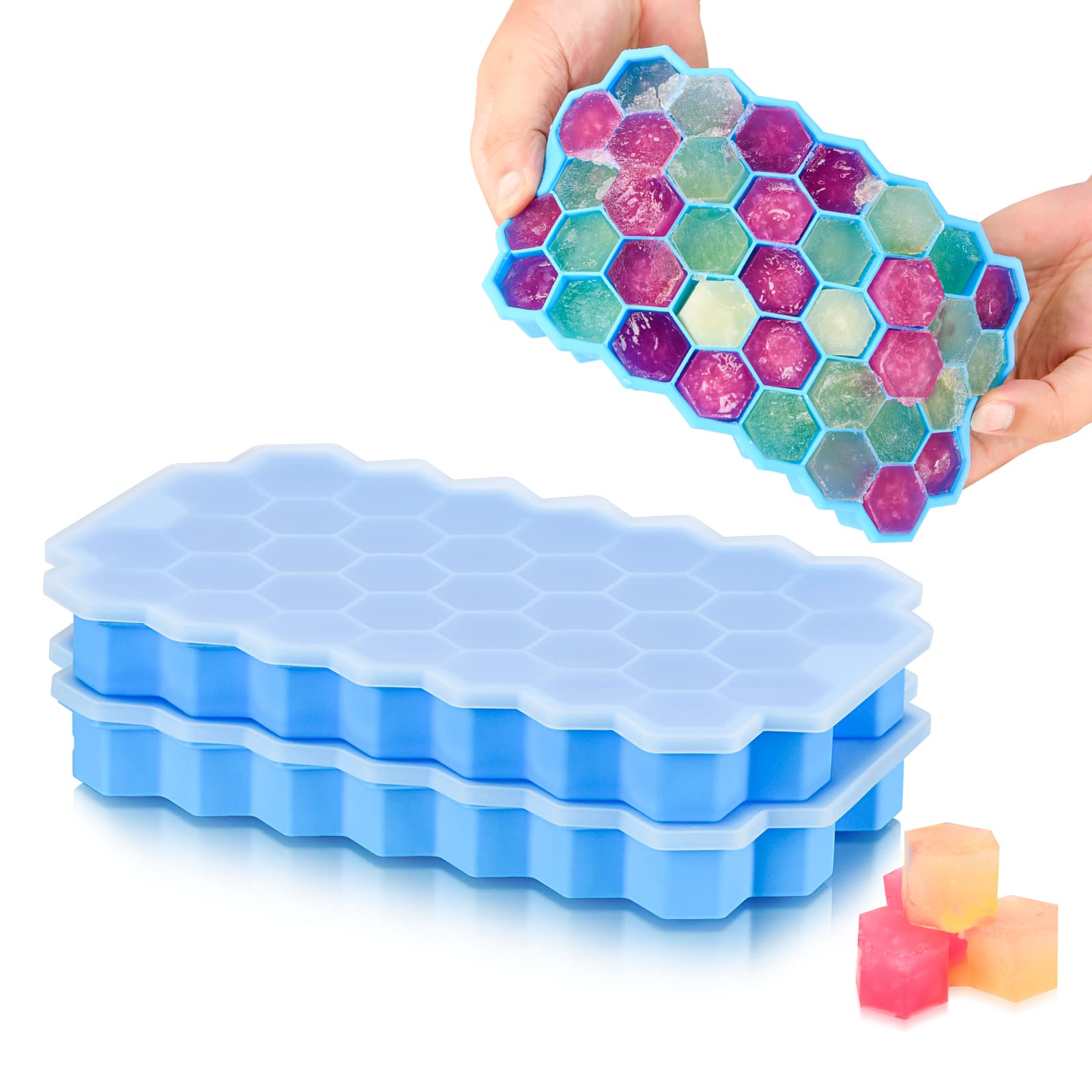 Upgraded Ice Cube Tray, 2 Pack Silicone Flexible Ice Cube Tray,Easy Releases Reusable Ice Cube, 74 Ice Cubes, Great for Chilling Drinks, Cocktail Bars or Iced Coffee Cups (Blue)