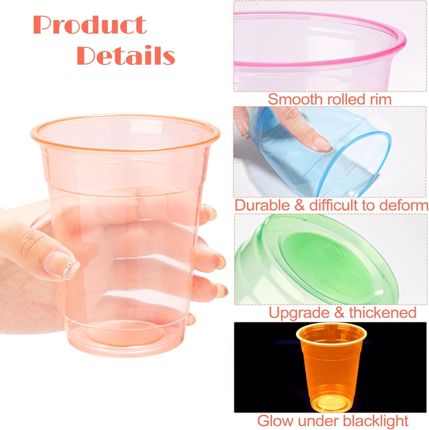 Kochorie 120 Pack 12 Oz Plastic Neon Cups Glowing Party Cups 4 Assorted Neon Colors Disposable Blacklight Party Light Up Cup for Birthday Party In The Dark Party Supplies - Image 4