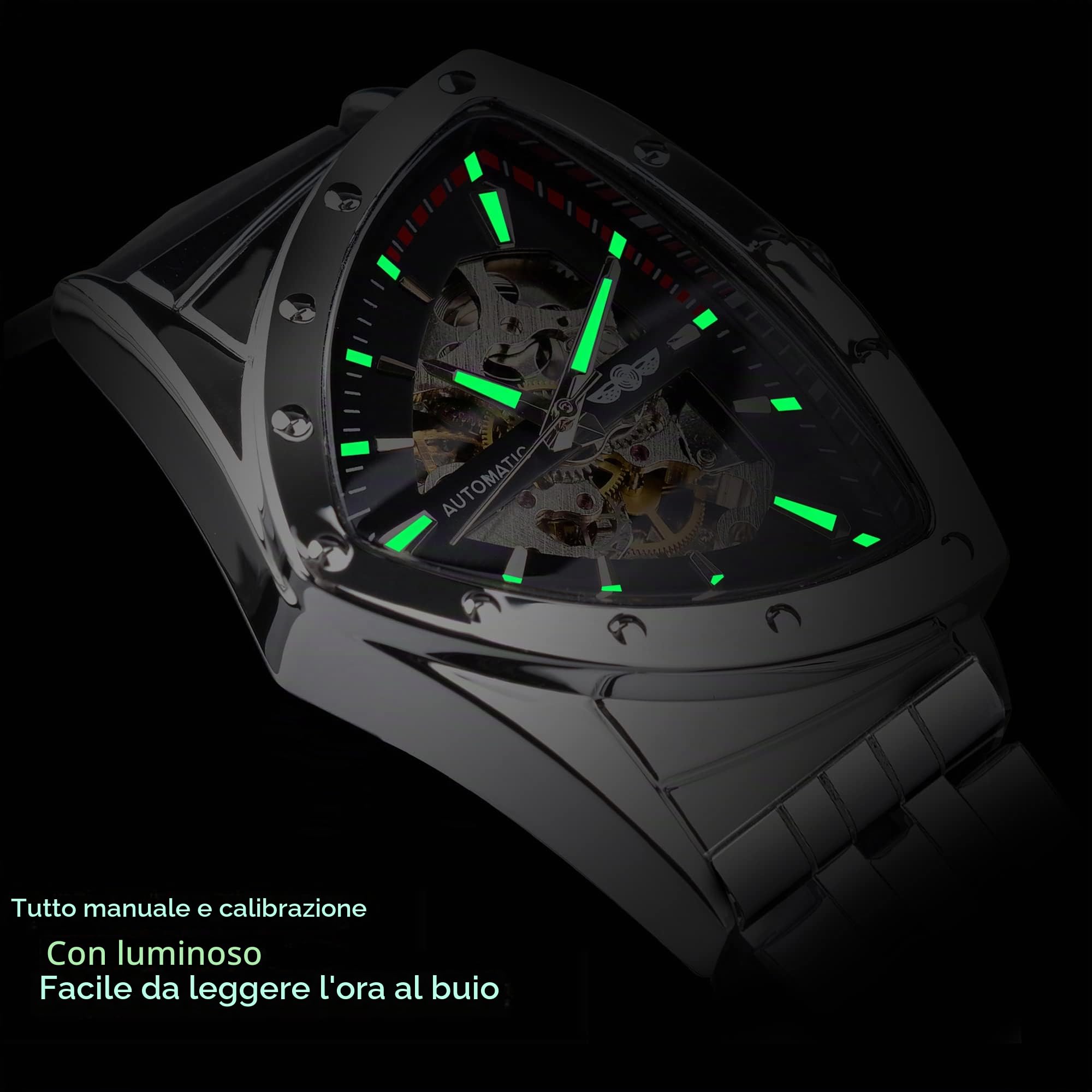 FORSINING Orologio da uomo scheletrato meccanico automatico con quadrante triangolare, luminoso, a carica automatica, cinturino in acciaio inox o morbido cinturino in silicone