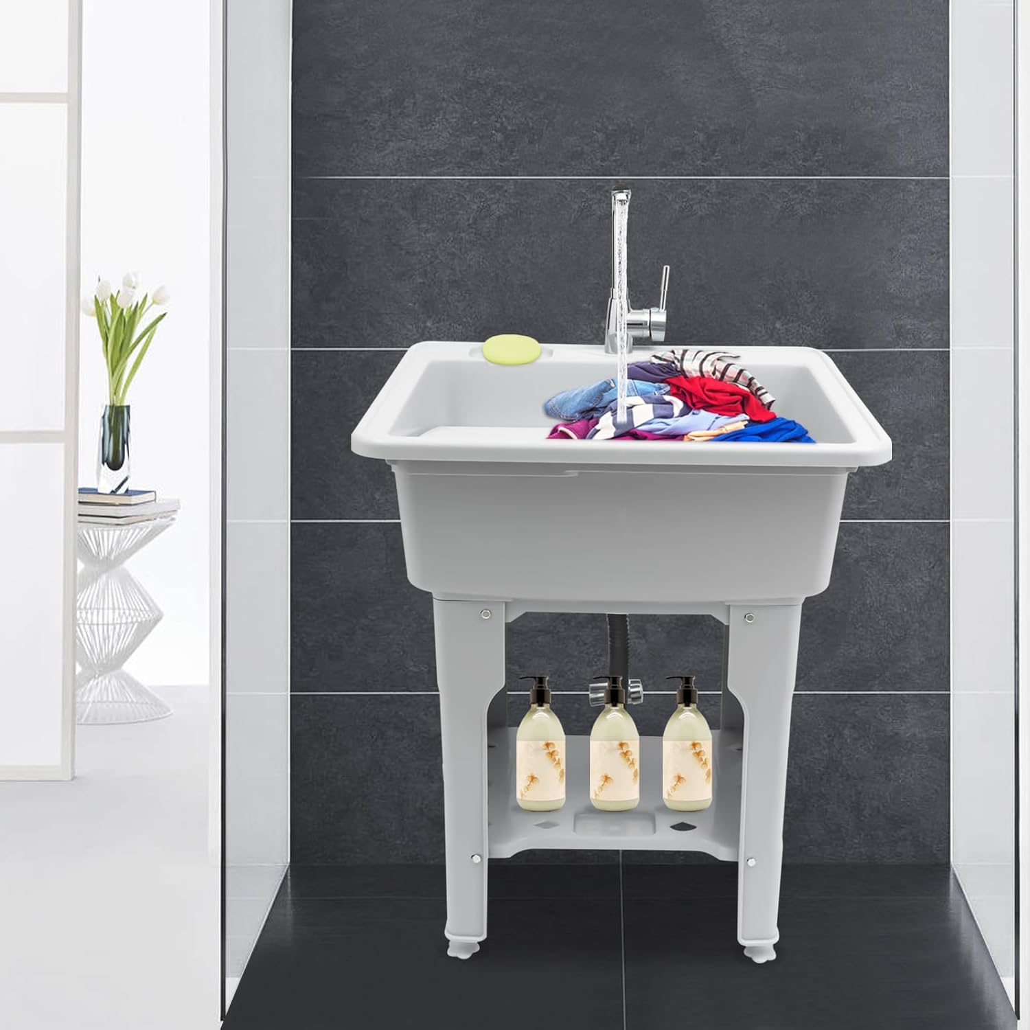 31.5in Height Freestanding Plastic Laundry Sink with Washboard,Outdoor Utility Sink Laundry Tub with Faucet,Hoses Drain Kit for Laundry Room and Garage (Grey, 25.6 * 21.65 * 31.5in(L*W*H))