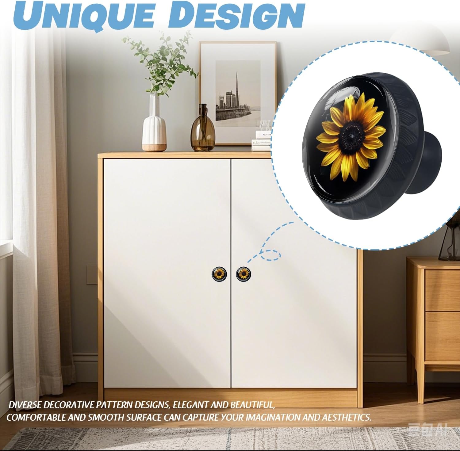 Cabinet Knobs Crystal,Sunflower Against a Black Background (2) Mushroom Drawer Hardware Cabinet Pulls for Home Decor,Dressers,Kitchens Bathroom with Screw 1 Pack