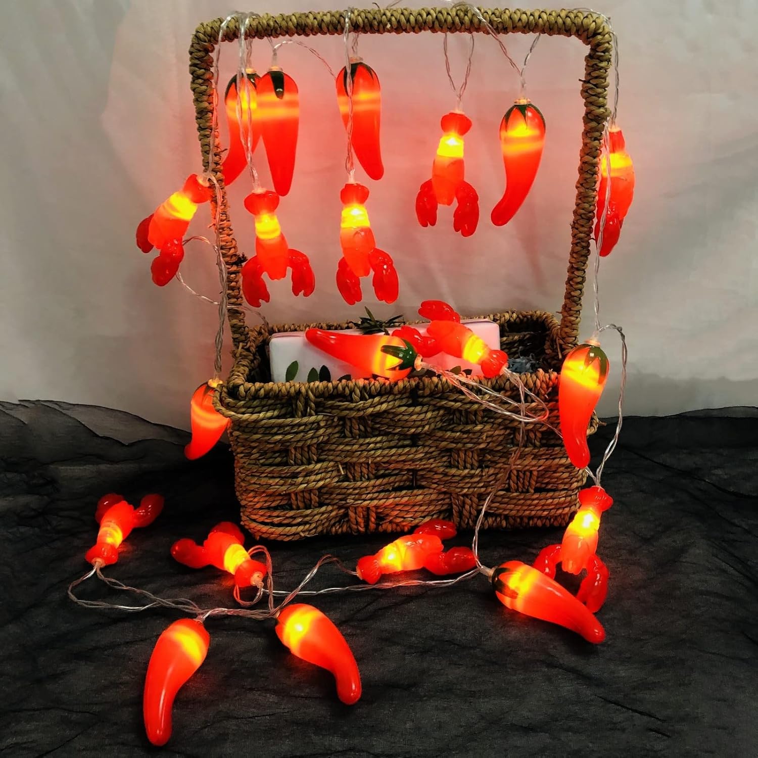 Lobster String Light Battery Operated 20 LED Pepper Fairy Night Lamp for Summer Camping Wedding Birthday Bedroom Home Parties (3m/20led, Lobster+Pepper)