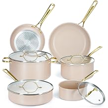 Chef Power Ceramic Cookware Sets, Pots and Pans Set Non Stick 10Pcs, Induction Kitchen Cooking Set with Stainless Steel Handle, Dishware & Oven Safe, Taupe