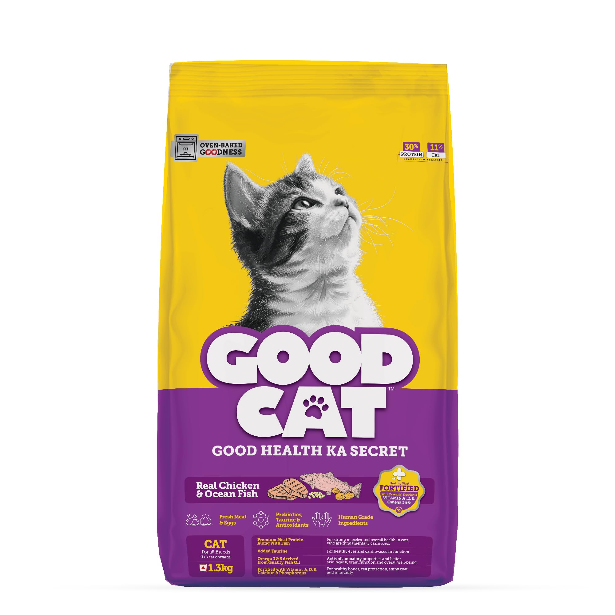 Good Cat Real Chicken & Ocean Fish Cat Food | Gently Oven Baked Kibbles/Contain Tuna, Mackerel, Indian Salmon | Taurine for Healthy Eyes | Fortified with Vitamin A, D, E & Omega 3 & 6 |1.3 kg (B0D8YMC3XR) Amazon Price History, Amazon Price Tracker