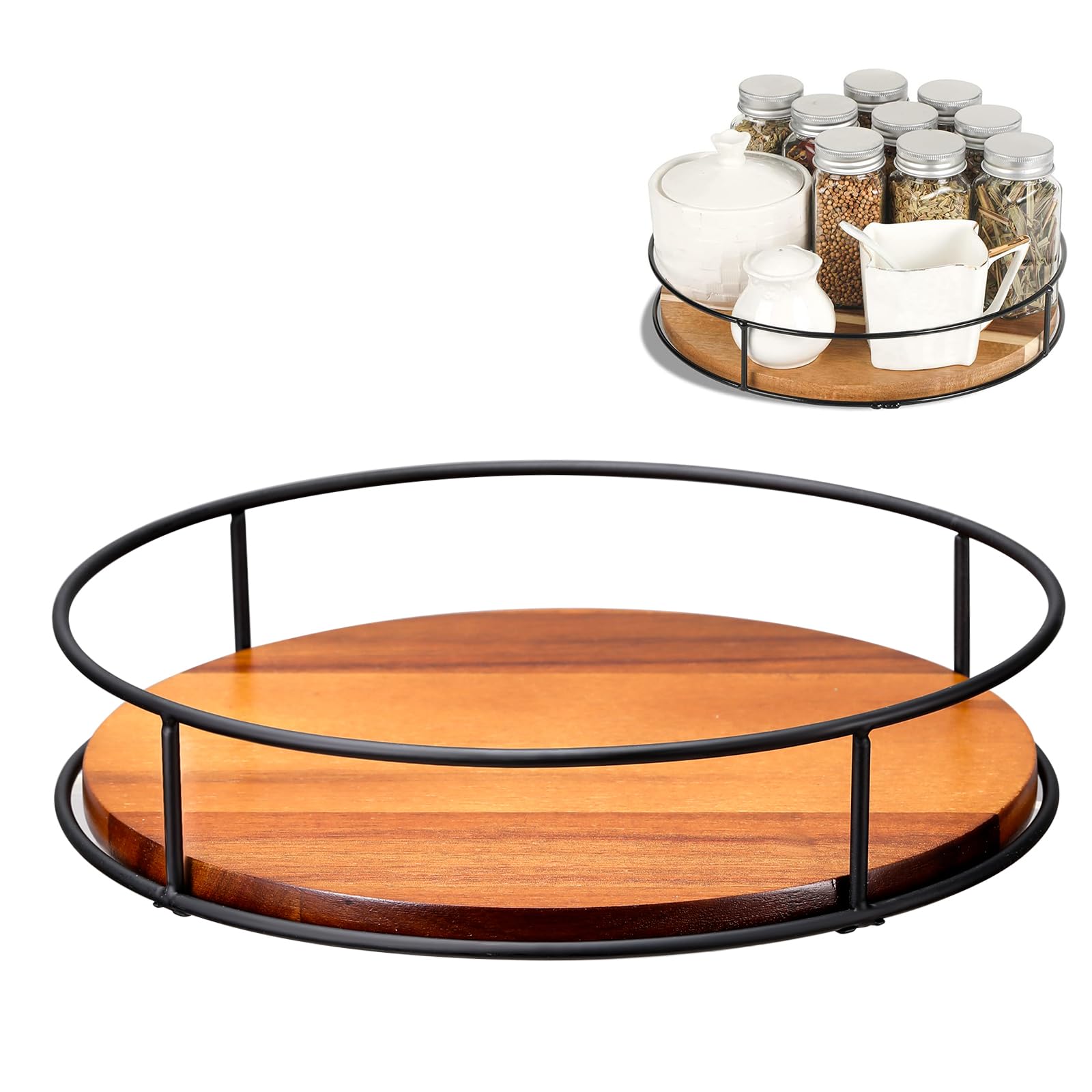 Gramofon Lazy Susan 360°, antypoślizgowy drewniany organizer do przechowywania do kuchni i łazienki, obrotowy stojak na przyprawy, spiżarnia i półka do szafki dla łatwego dostępu i przechowywania bez