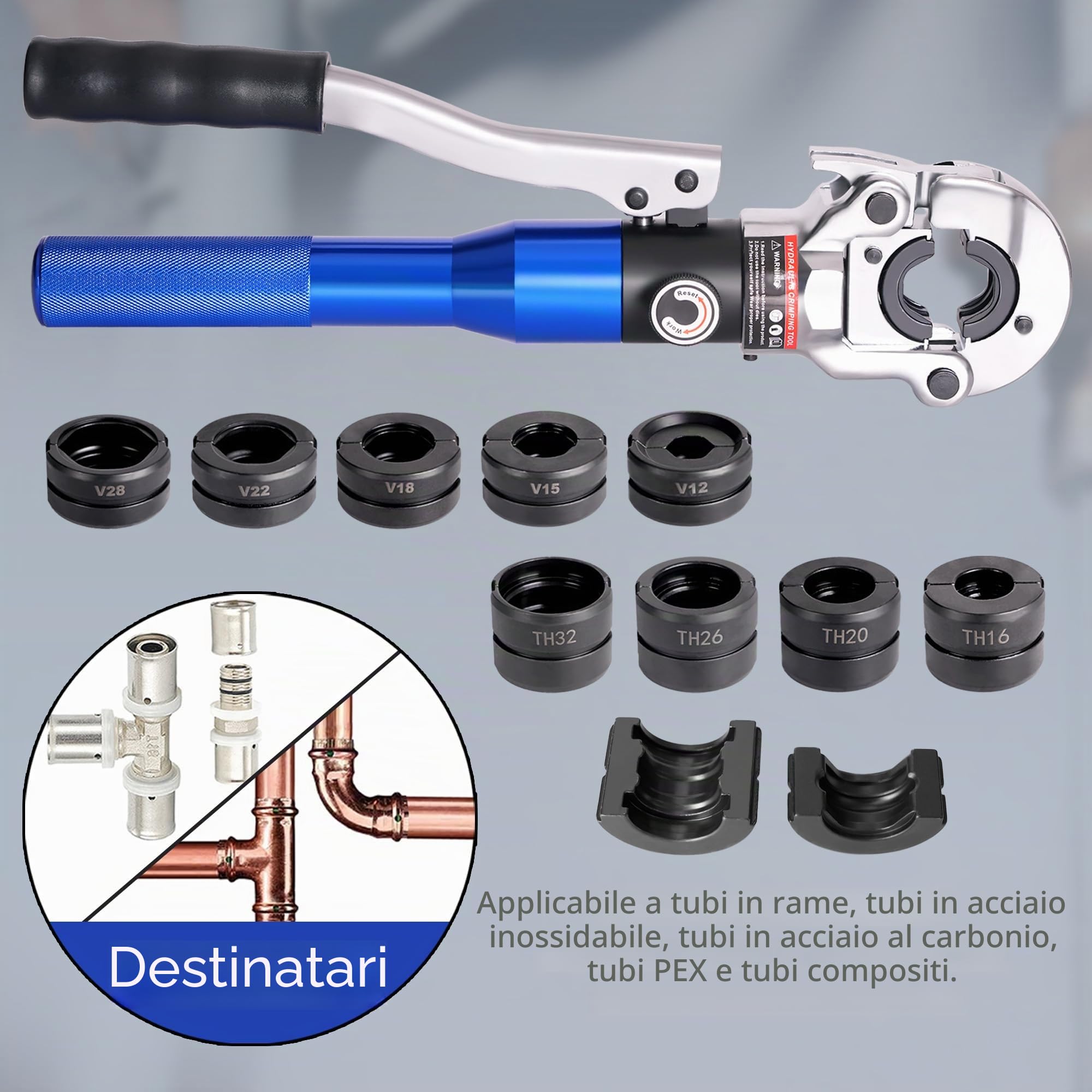 Pinza idraulica per crimpatura Ø12-28mm in rame per tubi idraulici strumento per pressa con 5 pezzi di rame 12.15.18.22.28 mm e 4 pezzi PEX-AL-PEX 16.20.26.32 mm