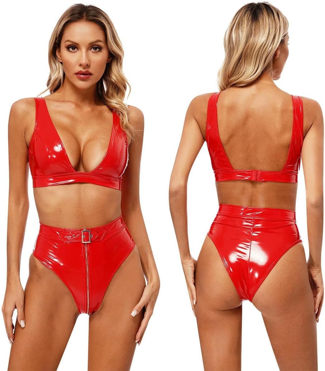 Womens Patent Leather Lingerie Low-Cut Unlined Bra Top with High Waist Zipper Briefs Pole Dancing Clubwear Red