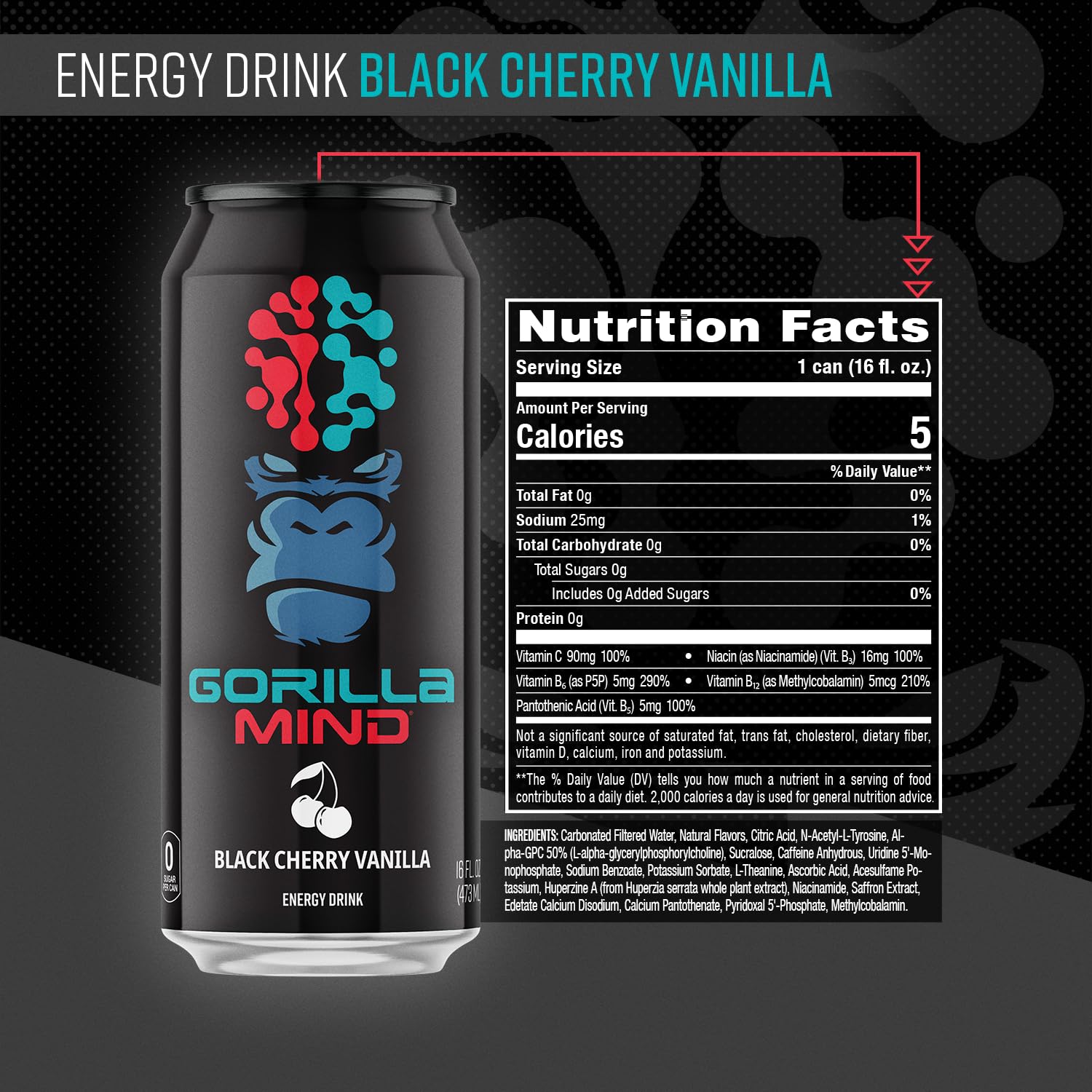 Gorilla Mind Energy Drink | Unmatched Energy · Amplified Focus | N-Acetyl-L-Tyrosine, Alpha-GPC, 200mg Caffeine, Uridine, Saffron | 0 Sugar Or Artificial Colors | 16oz, 12-Pack (Black Cherry Vanilla)