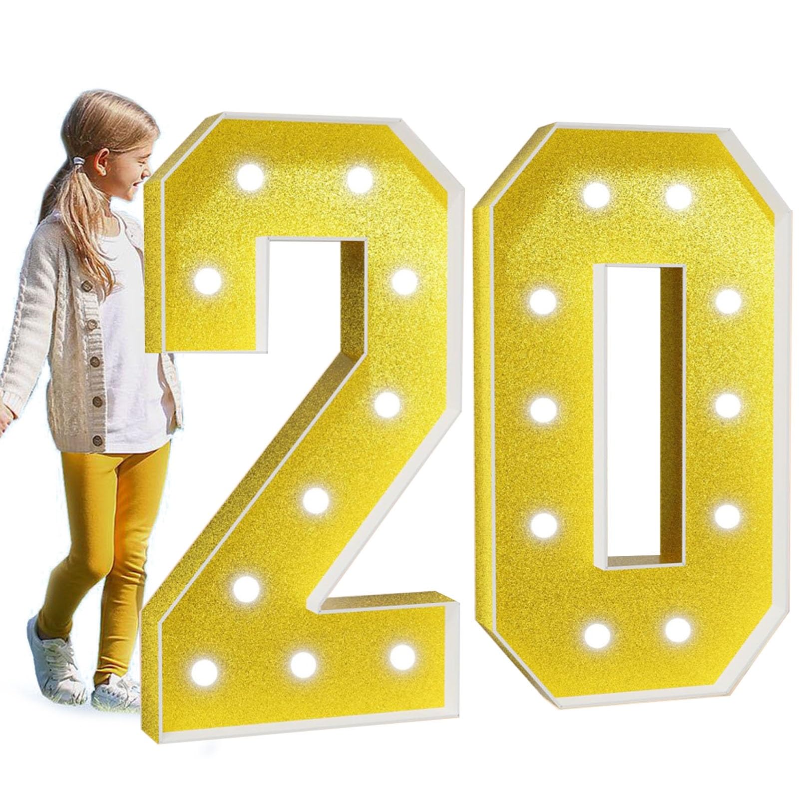 Marquee Light Up Number Large Mosaic Numbers Sign with White Lights Giant Mosaic Frame Number for 5th 50th Birthday Party Anniversary Decorations Pre-Cut Foam Board(Color:Number 20,Size:100cm/3.3FT)