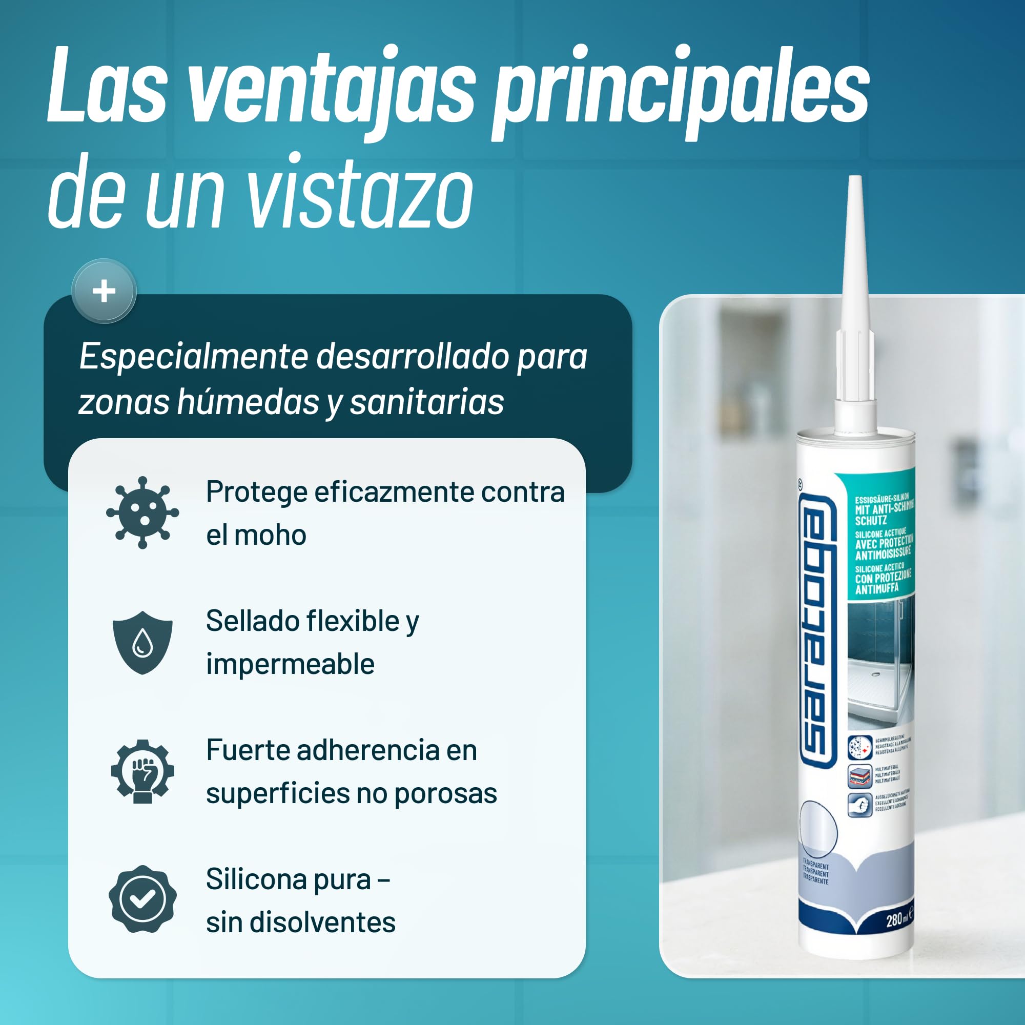 Saratoga Set de 6 Silicona Transparente Baño Antimoho 280 ml | Silicona Antimoho para Baño, Ducha, Cocina & WC | Sellador Fugas Agua, Impermeabilizante Transparente y Multimateriales