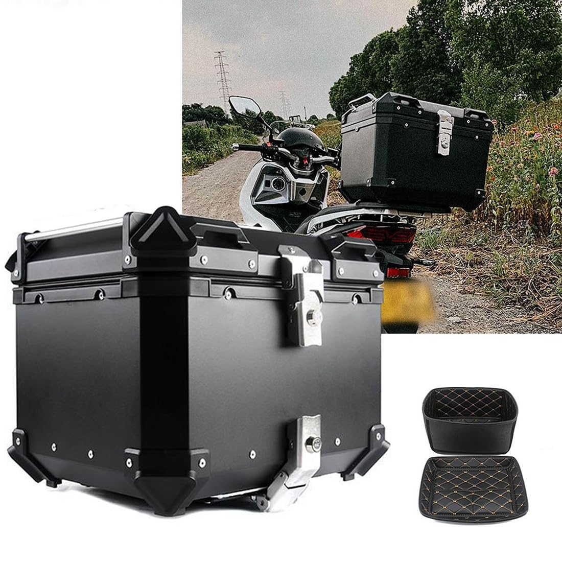 Top case de moto étanche en aluminium 36L résistant aux chocs pour bagage arrière noir