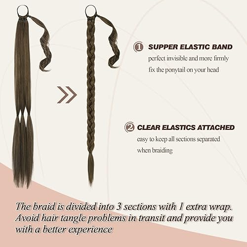 Miniatura 138 de BARSDAR 30 Inch Long Braided Ponytail Extension with Hair Tie - Straight Sleek Wrap Around Brown Braided Ponytail Hair Extensions - Synthetic Pony