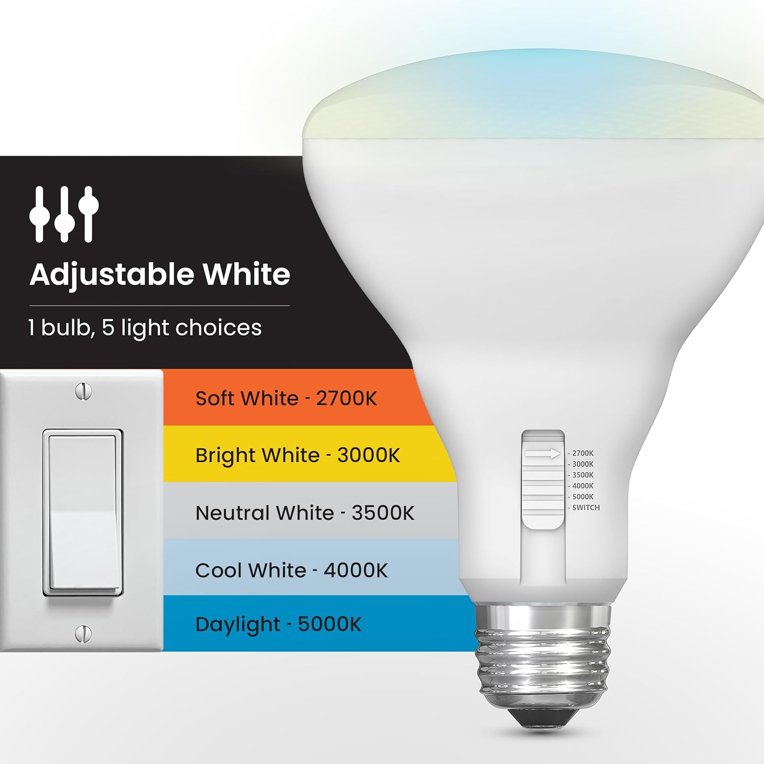 Feit Electric BR30 LED Light Bulb, 65W Equivalent, Dimmable, 650 Lumens, 5-Color Adjustable White, 90+ CRI, General Purpose Flood & Track Lighting, 25,000-Hour Lifetime, BR3065DM/6WYCA/6, 6 Pack