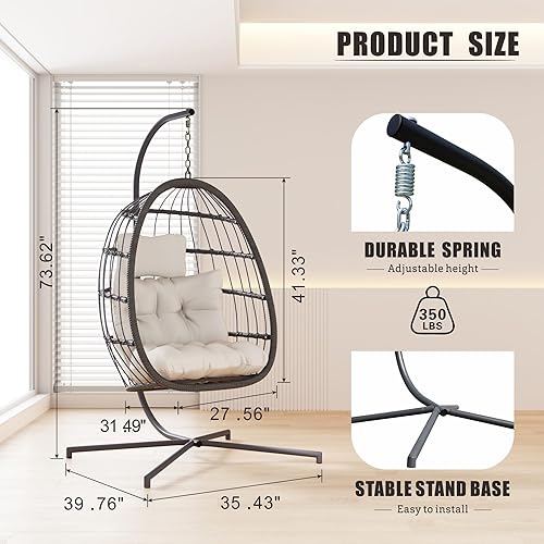 Miniatura 6 de HWB Silla colgante de huevo con soporte, silla columpio de mimbre para patio con cojín para dormitorio, jardín, interior y exterior (beige)