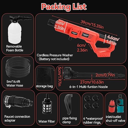 Miniatura 9 de JOJOCY Lavadora a presión inalámbrica con boquilla 6 en 1, 1000 PSI portátil de mano para automóviles, patios, jardines (para Mwk 18V)
