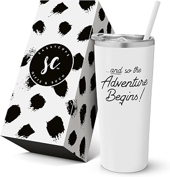 and So The Adventure Begins - Personalized Insulated Coffee Tumbler with Lid Stainless Steel Insulated Travel Mug with Straw Graduation, Promotion, Going Away, Job Change - Adventure Awaits