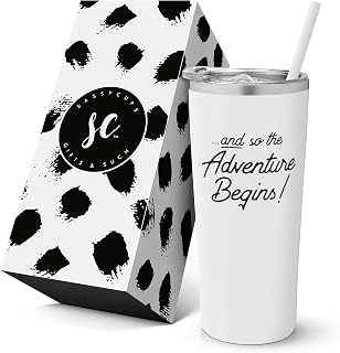 and So The Adventure Begins - Personalized Insulated Coffee Tumbler with Lid – Stainless Steel Insulated Travel Mug with Straw – Graduation, Promotion, Going Away, Job Change - Adventure Awaits