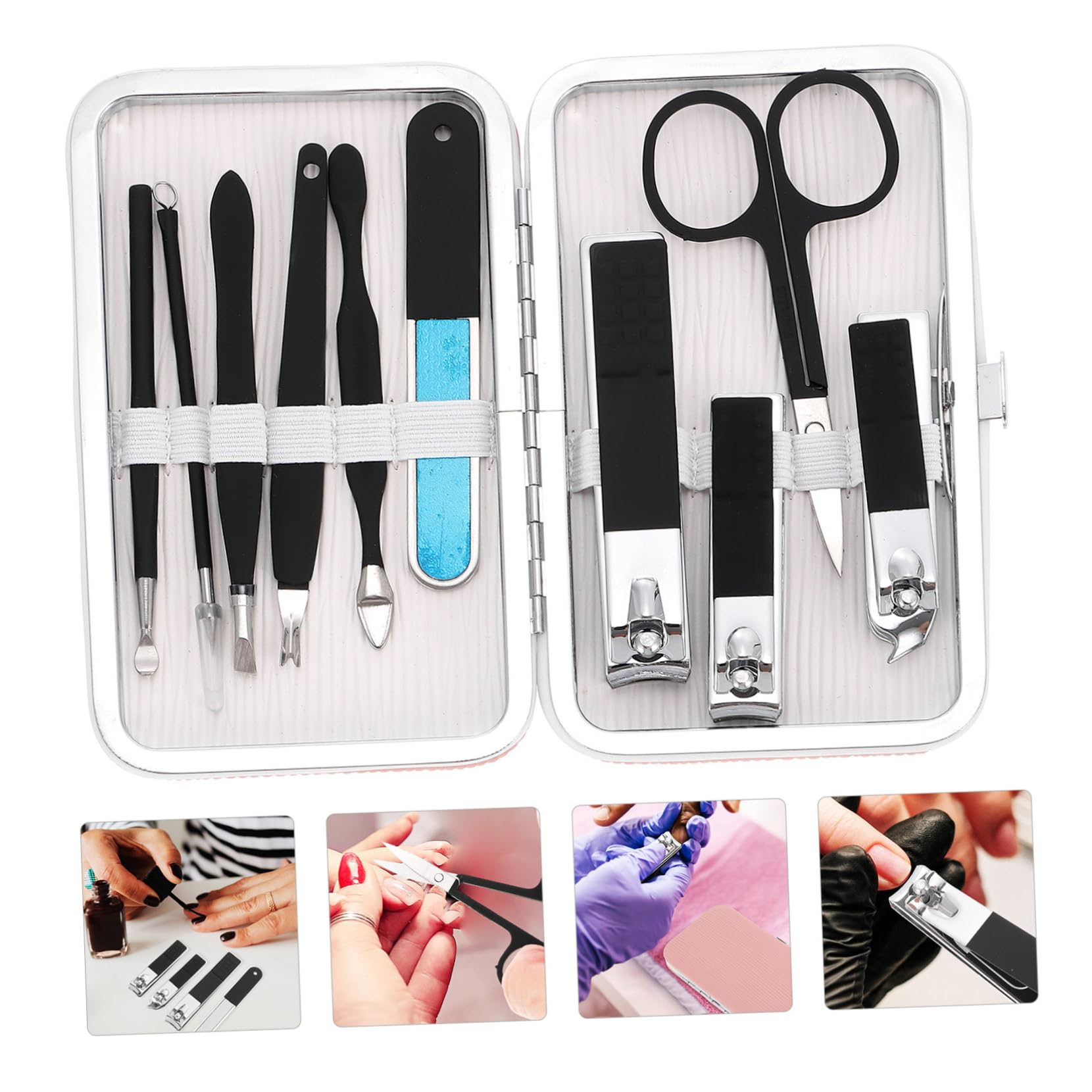 Juego de Manicura y Pedicura de Viaje Portátil 1 Set Negro | Acero Inoxidable y Acero al Carbono, Estuche Pu Incluido, Uso en Casa y Camping